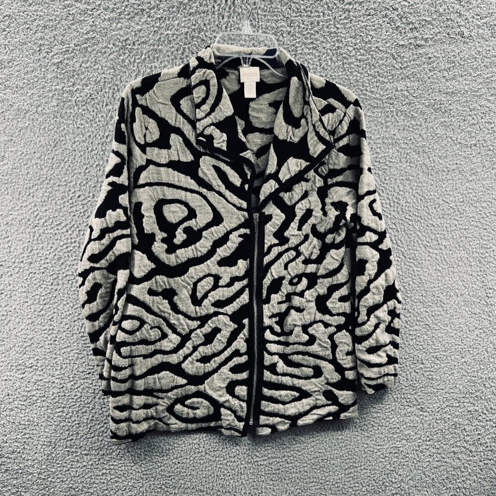Chicos Womens Jacket 1 Medium Black Gray Animal‎ Print Zip Front Long Sleeve
